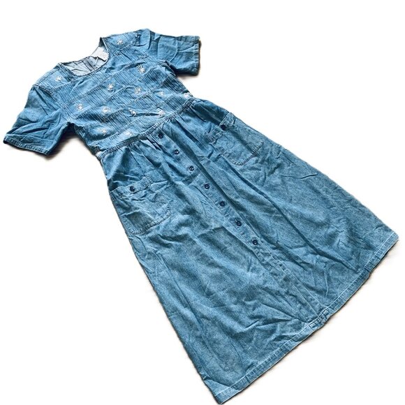 Denim Chambray Maxi Dress Flower Embroidery Pockets Vintage 90s Traditions - Picture 3 of 7